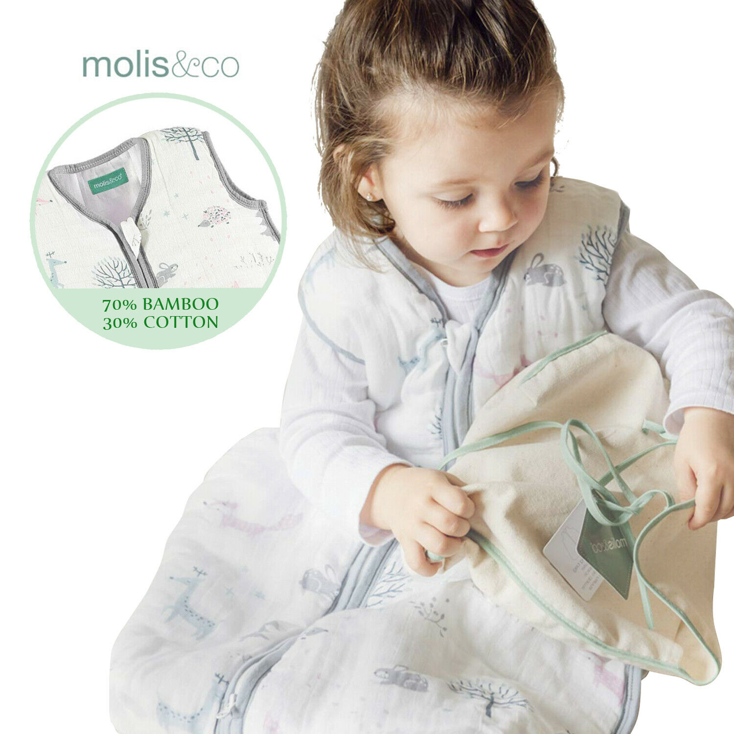 Molis & co Premium Muslin Baby Sleeping Bag and Sack, Super Soft and Light  Unisex Wearable Blanket, Blue and Beige, 18-36 Months, 0.5 TOG 